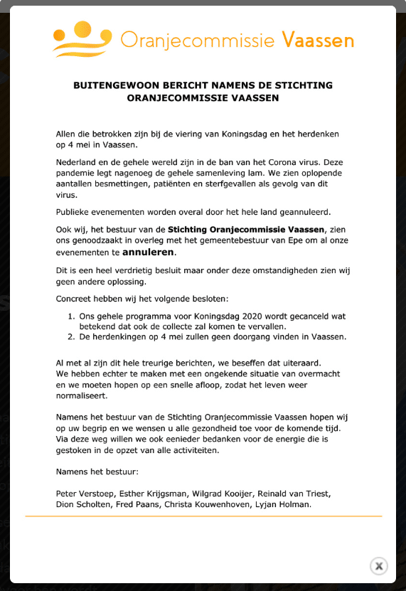 Oranjecommissie Vaassen: Buitengewoon bericht!