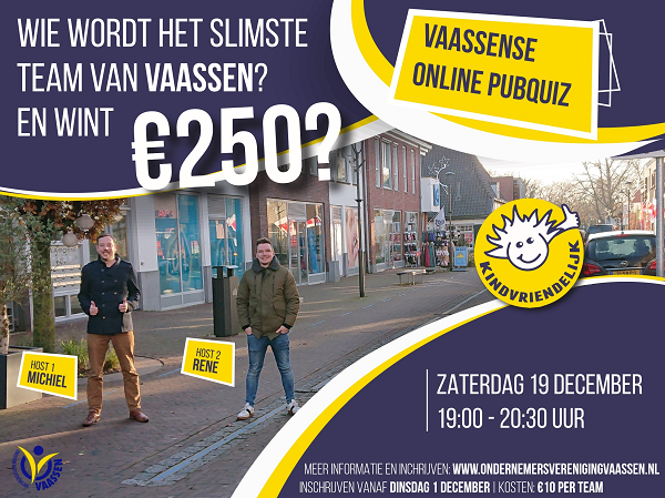 VAASSENSE ONLINE PUBQUIZ – WIE WINT OP ZATERDAG 19 DECEMBER DE HOOFDPRIJS VAN €250?