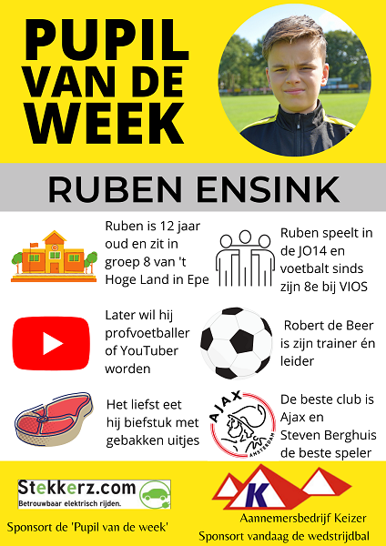 Pupil van de week bij VIOS Vaassen is Ruben Ensink