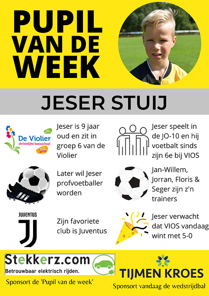 pupil v/d week bij VIOS Vaassen is Jeser Stuij