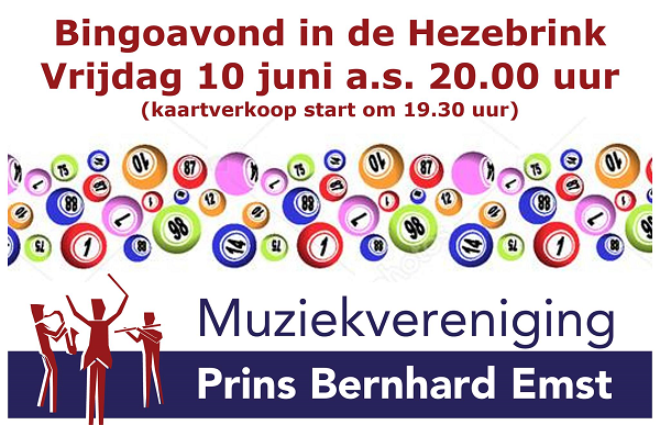 Bingoavond Prins Bernhard Emst vrijdagavond 10 juni a.s. 