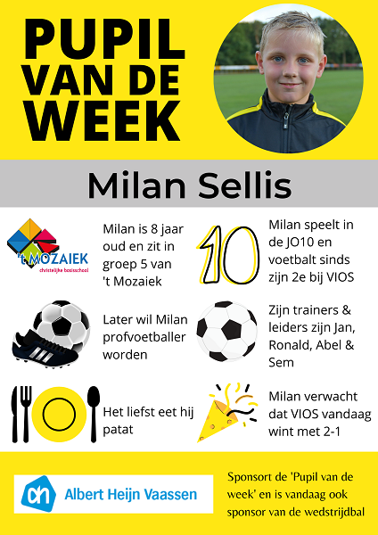Pupil van de week bij VIOS Vaassen is Milan Sellis