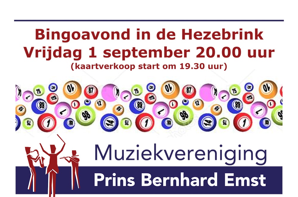 Bingoavond Prins Bernhard Emst vrijdag 1 september a.s