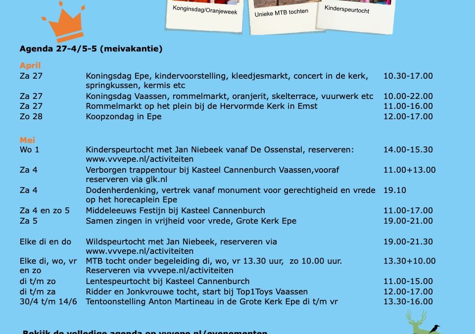 VVV Epe: Agenda 27-4/5-5 (meivakantie)