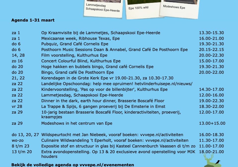 Een overzicht van evenementen voor de maand maart.