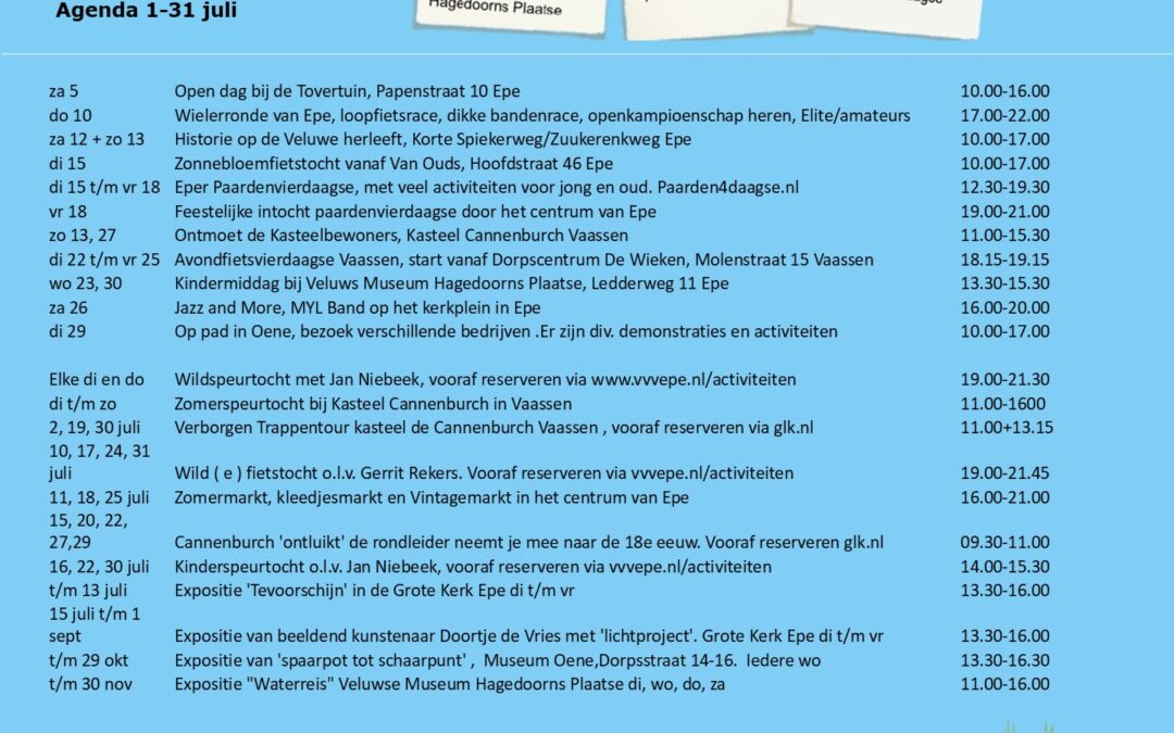 Evenementen kalender VVV Epe maand juli 2025