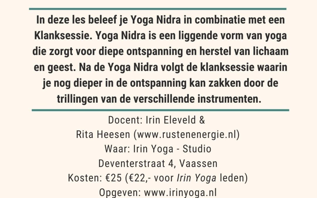 Laatste ‘Yoga Nidra met Klanksessie’ van het jaar bij Irin Yoga in Vaassen