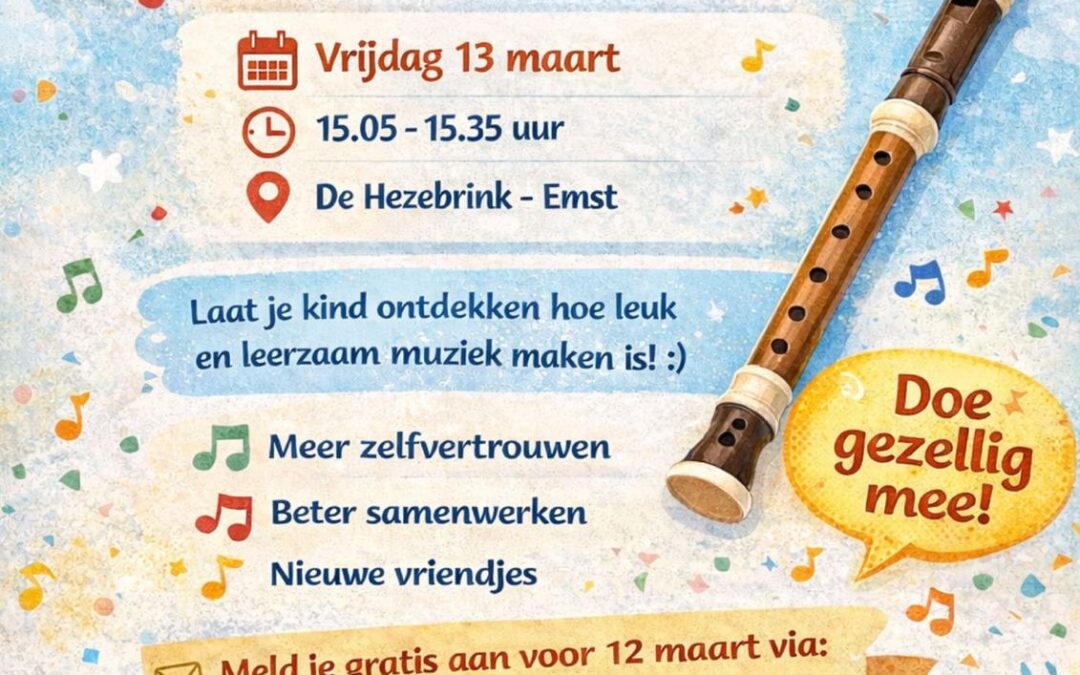 Open repetitie blokfluit vrijdagmiddag 13 maart bij Prins Bernhard Emst