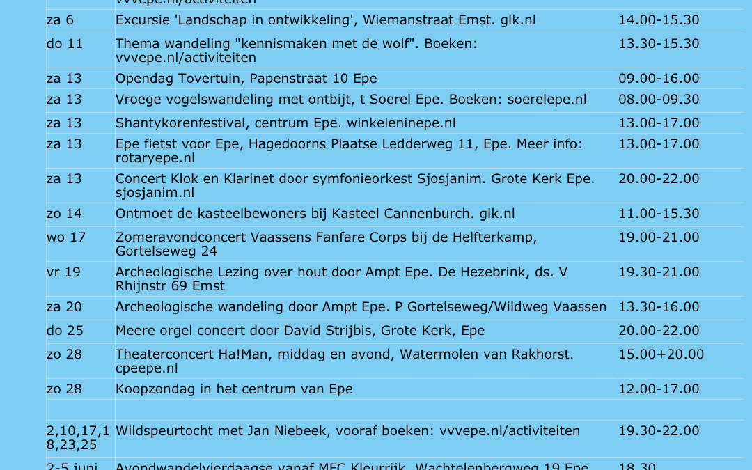 VVV Epe evenementen juni 2026