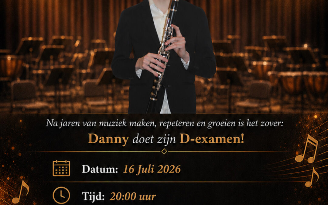 Danny doet op 16 juli D-examen klarinet in De Hezebrink