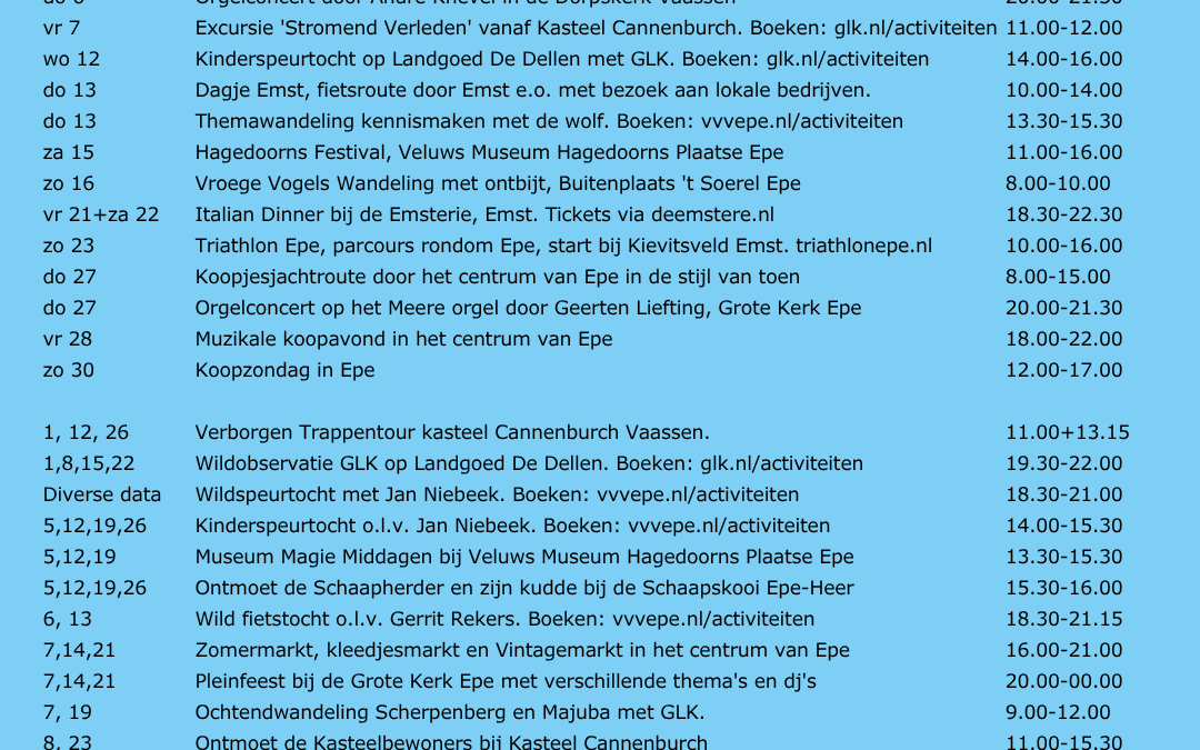 De evenementenkalender van het VVV Epe