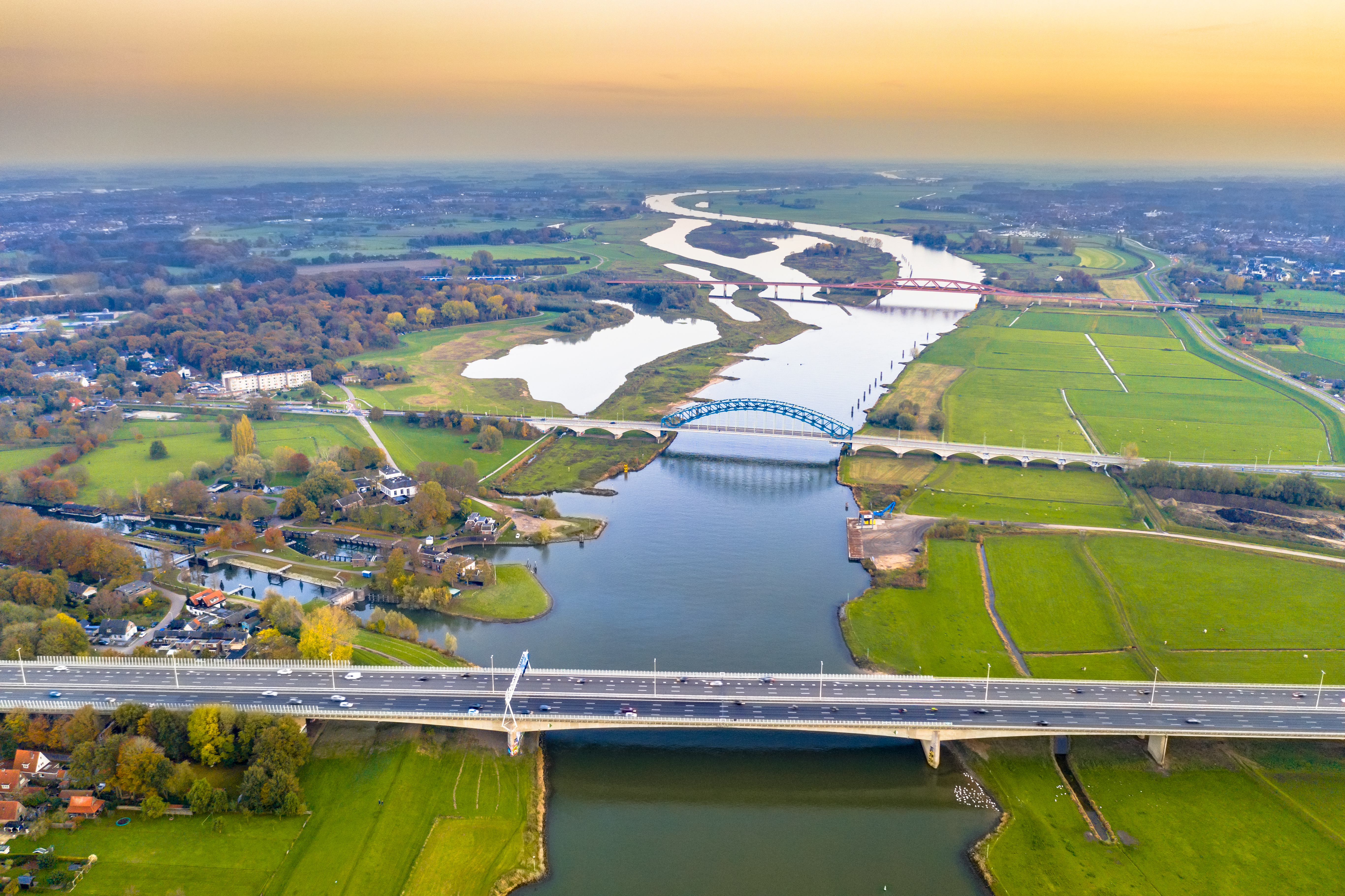 Lowland river IJssel with bridges